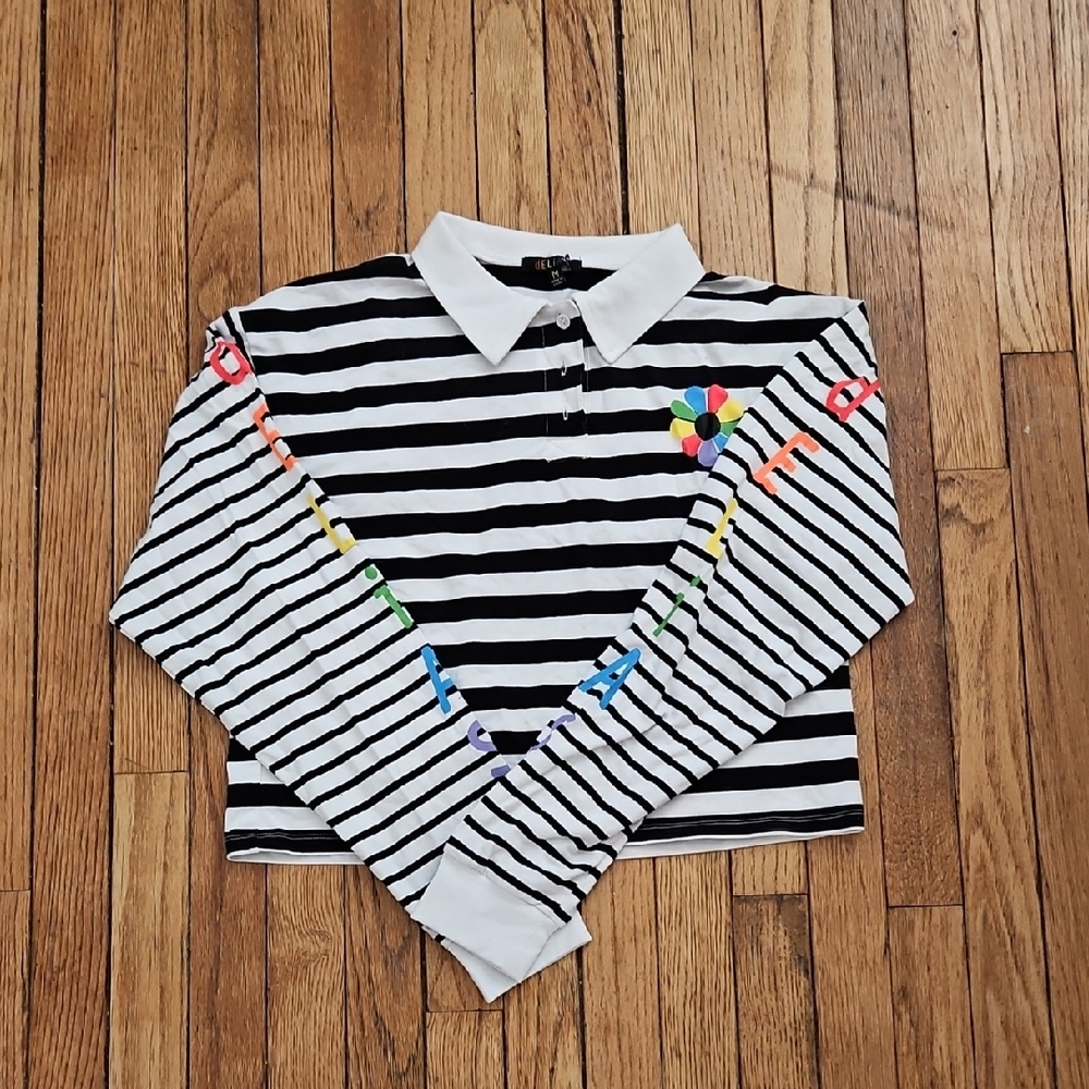 Dolls Kill Striped Polo Shirt with Colorful Accents - Picture 1 of 6